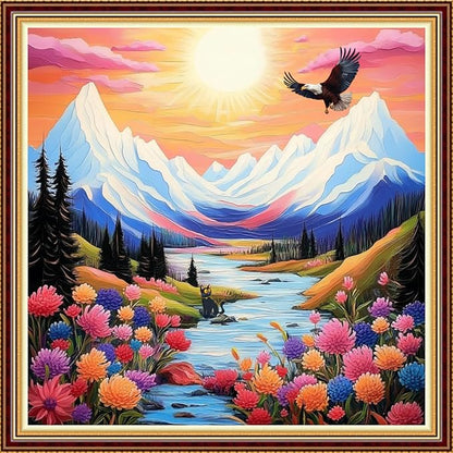 Funart Stamped Cross Stitch Kits for Beginners Full Range of Cross Stitching Preprinted Embroidery Kits for Adults, 11CT Embroidery Pattern Needlepoint Kits-Landscape of Mountains Rivers 18x18 inch