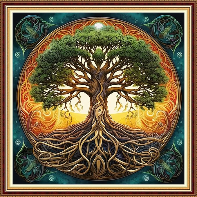 Funart Stamped Cross Stitch Kits for Beginners Full Range of Cross Stitching Preprinted Embroidery Kits for Adults, 11CT Embroidery Pattern Needlepoint Kits-Magic Tree 18x18 inchs