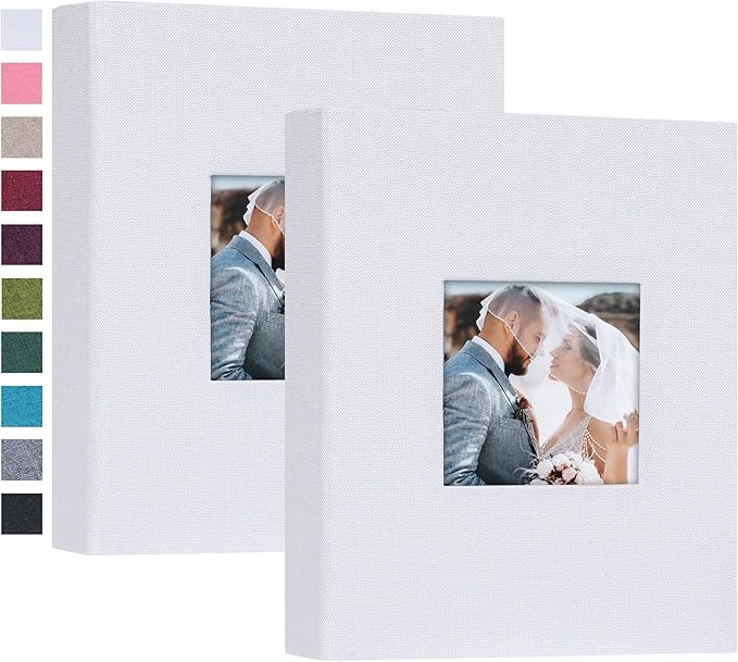 Mublalbum 2 Pack Small 5x7 Photo Album Linen Cover with Display Window Mini Picture Book Each Holds 52 Vertical Pockets for Artwork Postcards or Pictures Storage (White)