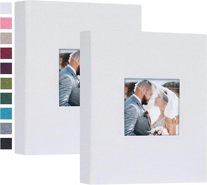 Mublalbum 2 Pack Small 5x7 Photo Album Linen Cover with Display Window Mini Picture Book Each Holds 52 Vertical Pockets for Artwork Postcards or Pictures Storage (White)