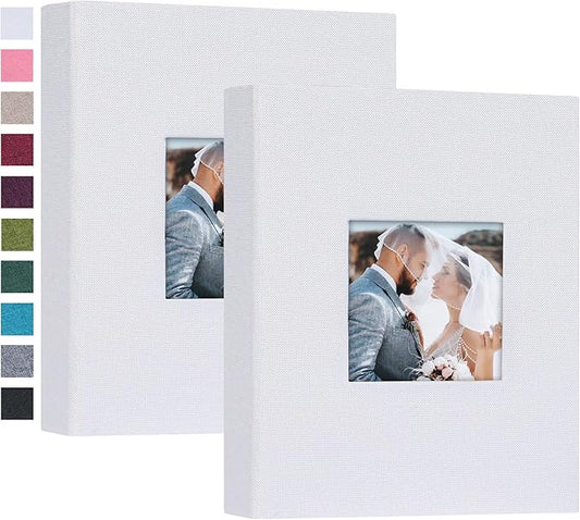 Mublalbum 2 Pack Small 5x7 Photo Album Linen Cover with Display Window Mini Picture Book Each Holds 52 Vertical Pockets for Artwork Postcards or Pictures Storage (White)