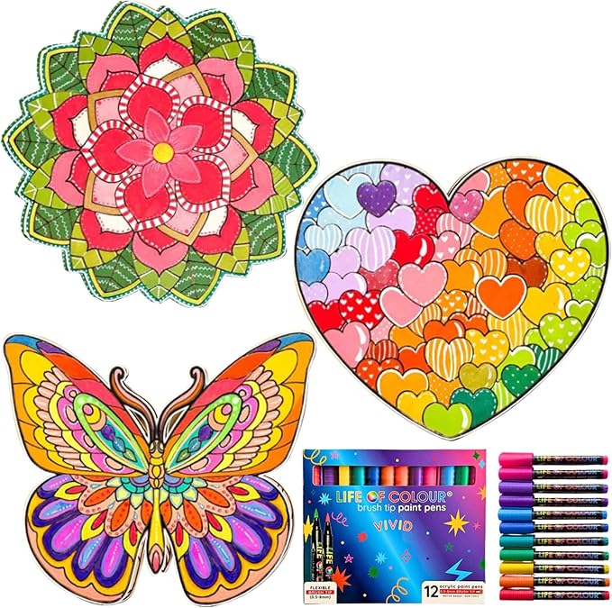 Life of Colour Painting Kit - Color Your Own Set of 3 Shaped Boards with 12 Life of Color Acrylic Paint Pens No Mess DIY Art and Crafts for Adults - Stunning Works of Art for Decorative Display