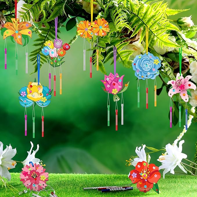 Colingmill 30 Pack Spring Flower Wind Chime Kit Make You Own Crafts Wind Chimes Outdoors Decorative DIY Coloring Wooden Crafts for Spring Gift Art Room Birthday Party Favors