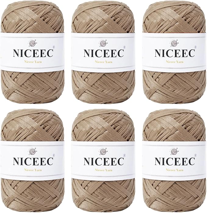 NICEEC 6 Skeins Soft Tape Yarn for Crocheting Craft Paper Yarn Easy Crochet Raffia Yarn Ribbon Yarn for DIY Craft Gift Wrapping Total Length 1.76oz×6/109yds×6-Khaki