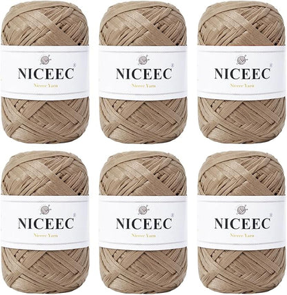 NICEEC 6 Skeins Soft Tape Yarn for Crocheting Craft Paper Yarn Easy Crochet Raffia Yarn Ribbon Yarn for DIY Craft Gift Wrapping Total Length 1.76oz×6/109yds×6-Khaki
