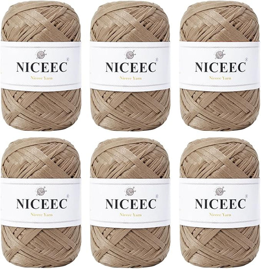 NICEEC 6 Skeins Soft Tape Yarn for Crocheting Craft Paper Yarn Easy Crochet Raffia Yarn Ribbon Yarn for DIY Craft Gift Wrapping Total Length 1.76oz×6/109yds×6-Khaki