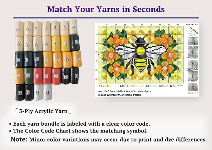 KitsMaster Buzzing Blooms” Latch Hook Kit – Bee & Flowers Design, Pre-Printed Canvas with Color-Coded Yarn, DIY Rug Making Kit for Adults & Beginners, 23.6''x15.8'' (Bee & Blossoms)