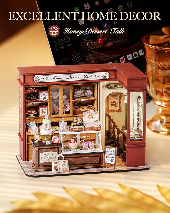 Rolife DIY Dollhouse Miniature House Kit 1:18 Vintage French Dessert Shop, Wooden Diorama Model Kit Mini House to Build with LED, Arts and Crafts for Adults Home Decor Creative Gift for Boys Girls