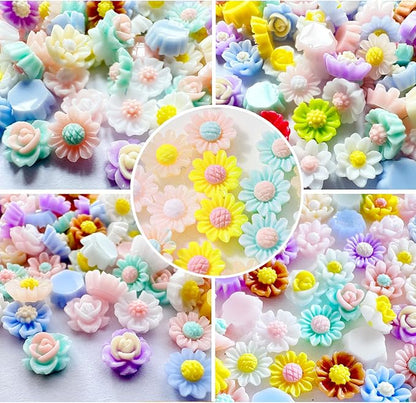 400PCS Flatback Resin Flower Charms Beads for Crafts,Mini Cabochon Charms Mixed Colors Flower Resin Slime Charms Bulk for Nail Art Scrapbooking Decor