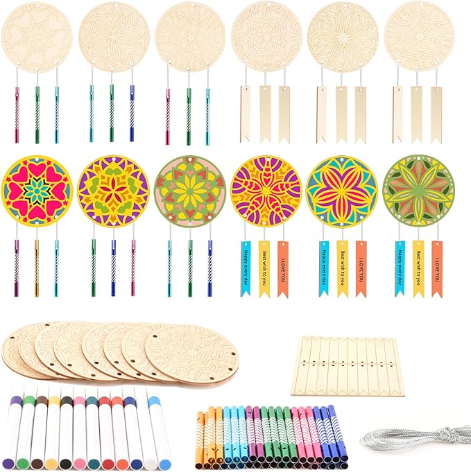 Wooden Mandala Wind Chime Ornaments Painting Craft,24PCS Unfinished Wood Hanging Decoration,8 Style Cutouts for Adults Olders to Paint DIY Thanksgiving Home Decors Hanging