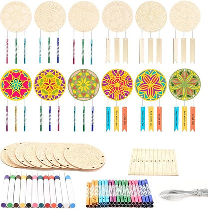 Wooden Mandala Wind Chime Ornaments Painting Craft,24PCS Unfinished Wood Hanging Decoration,8 Style Cutouts for Adults Olders to Paint DIY Thanksgiving Home Decors Hanging