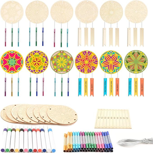 Wooden Mandala Wind Chime Ornaments Painting Craft,24PCS Unfinished Wood Hanging Decoration,8 Style Cutouts for Adults Olders to Paint DIY Thanksgiving Home Decors Hanging