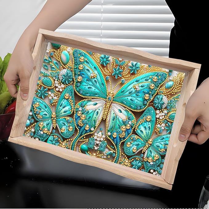 DIY Diamond Art Wooden Tray Kit, Food Tray with Handle Diamond Painted Table Decoration, for Breakfast, Bar Dinner Table Dots Gem Painting Art Set for Beginners - Butterfly