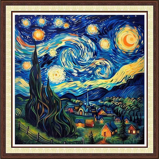 Stamped Cross Stitch Kits for Beginners Full Range of Cross Stitching 11 CT Printed Cross Stitch Kit for Adults Cross-Stitch Patterns Needlepoint Kits-Van Gogh Starry Sky Countryside 18x18 inch