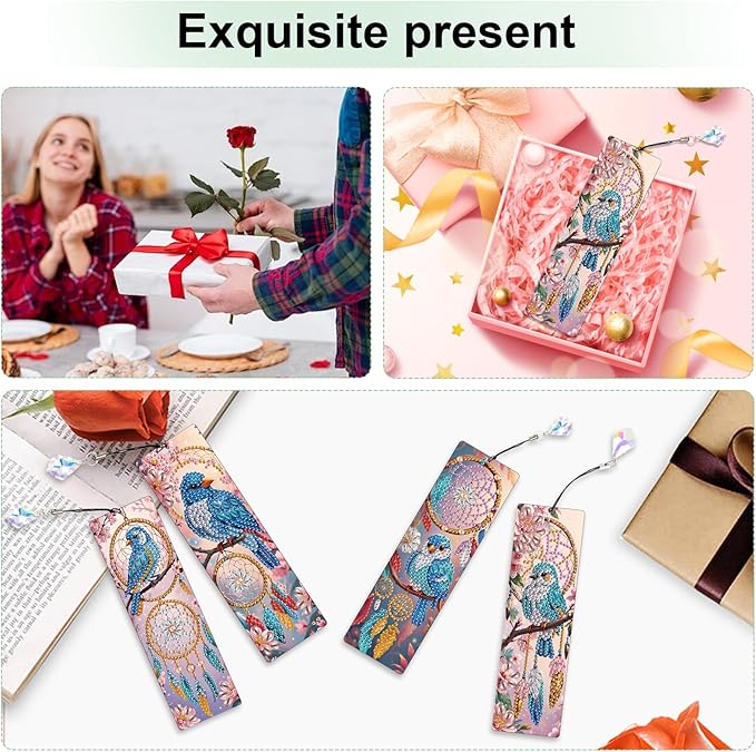 4 Pcs DIY 5D Diamond Painting Bookmark Kits for Adults, Acrylic Crystal Rhinestones Book Marks, Dreamcatcher Bluebird Diamond Art Bookmarks with Crystal Pendant, Handmade Tassel Bookmarks Gift Set