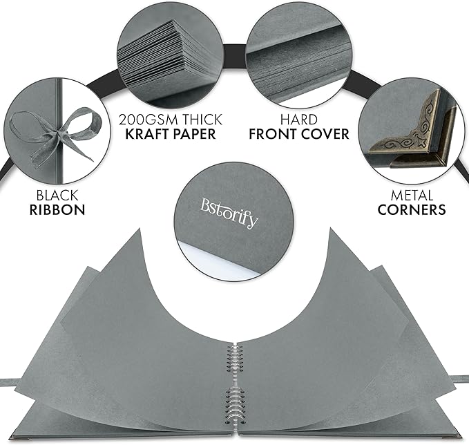 Bstorify 10 x 10 Inches Scrapbook Album 70 Pages Grey Thick Kraft Paper Corner Protectors, Ribbon Closure - Ideal for Your Scrapbooking, Art & Craft Projects (Grey, 10 x 10 Inch)