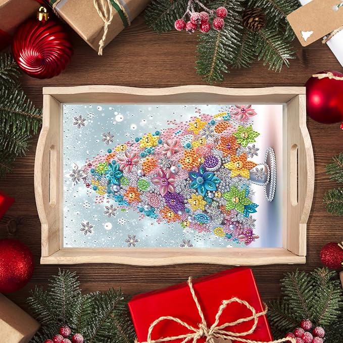DIY Diamond Art Wooden Tray Kit, Food Tray with Handle Diamond Painted Table Decoration Tray, for Breakfast, Bar Dinner Table Diamond Dots Gem Painting Art Set for Beginners-#34-Christmas Tree