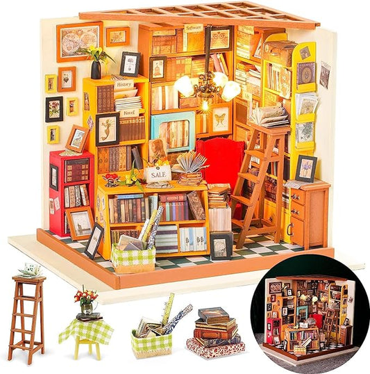Rolife DIY Miniature House Kit Sam's Study, Tiny House Kit for Adults to Build, Mini House Making Kit with Furnitures, Halloween/Christmas Decorations/Gifts for Family and Friends (Sam's Bookstore)