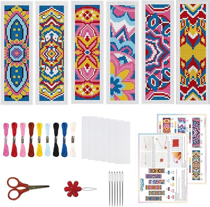 ORIGACH 6 Set Mandala Pattern Cross Stitch Bookmark Kit for Beginner with Backing Felt Floss Instructions DIY Stamped Embroidery Bookmark Kit for Adults, Book Lovers