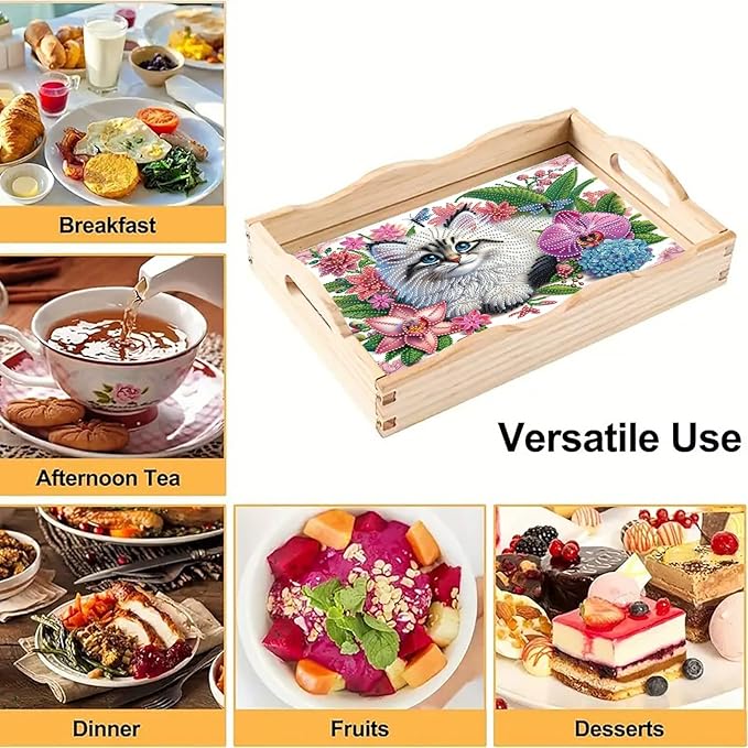 DoxQcs DIY Diamond Art Wooden Food Tray with Handle Diamond Painted Table Decoration Tray for Breakfast Bar Dinner Table Diamonds Art Painting for Beginners-Cat
