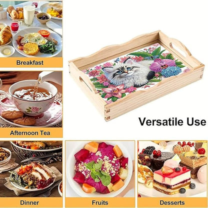 DoxQcs DIY Diamond Art Wooden Food Tray with Handle Diamond Painted Table Decoration Tray for Breakfast Bar Dinner Table Diamonds Art Painting for Beginners-Cat