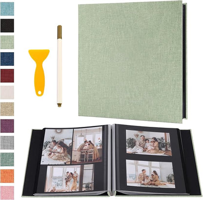 Photo Album Self Adhesive Pages Black Sticky Pages Large Scrapbook Linen Cover for 4x6 5x7 8x10 Pictures Album de Fotos Wedding Couples Baby Family Memory Book, 11x10.6 Grass Green 60 Pages