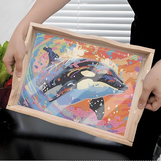 DIY Diamond Art Wooden Tray Kit, Food Tray with Handle Diamond Painted Table Decoration Tray, for Breakfast, Bar Dinner Table Diamond Dots Gem Painting Art Set for Beginners (#10-Orca)