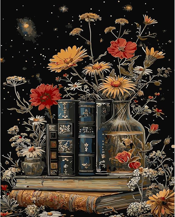 DFPSCLLA Paint by Numbers for Adults, Vintage Books and Flowers DIY Paint by Numbers Acrylic Paint Canvas, Painting Kits Art on Canvas for Home Wall Art 16x20 Inch（Without Frame）