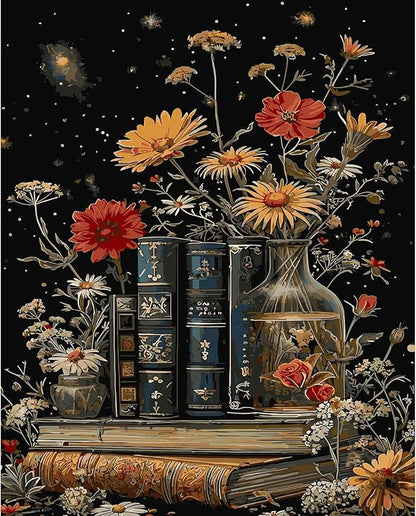 DFPSCLLA Paint by Numbers for Adults, Vintage Books and Flowers DIY Paint by Numbers Acrylic Paint Canvas, Painting Kits Art on Canvas for Home Wall Art 16x20 Inch（Without Frame）