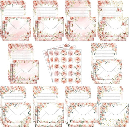 TaoBary 160 Pcs Stationery Paper Set 50 Double Sided Stationery Papers with 50 Matching Envelopes and 60 Round Dot Sticker, 10 Design(Pink Floral,5.5 x 8.25 Inch)
