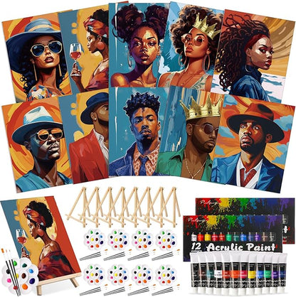 Ctosree 72 Pcs Couple Paint and Sip Kit for Adults 8'' x 10'' Pre Drawn Canvas for Painting DIY Pre Printed Canvas for Party Favor Afro Acrylic Painting Kit Wood Easel Brushes Date Night Bulk