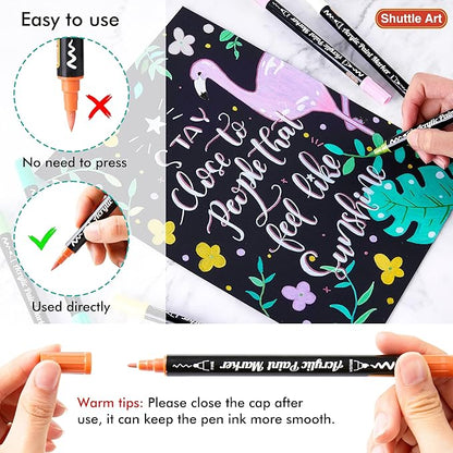 28 Pastel Colors Dual Tip Acrylic Paint Markers, Brush Tip and Fine Tip Acrylic Paint Pens for Rock, Ceramic, Wood, Canvas, Plastic, Glass, Stone, Calligraphy, Card Making, Crafts & Nail Art