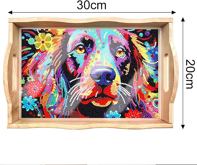 DIY Art Painting Wooden Tray Kit With Handle, Diamond Painted Table Decoration for Breakfast, Bar Dinner Table, Diamond Dots Gem Painting Art Set for Beginners (#24-Dog)