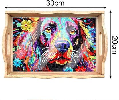 DIY Art Painting Wooden Tray Kit With Handle, Diamond Painted Table Decoration for Breakfast, Bar Dinner Table, Diamond Dots Gem Painting Art Set for Beginners (#24-Dog)