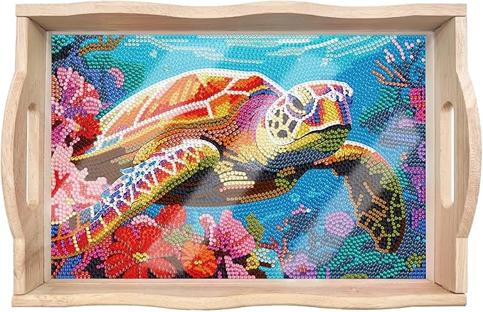 DIY Diamond Art Wooden Tray Kit, Food Tray with Handle Diamond Painted Table Decoration Tray, for Breakfast, Bar Dinner Table Diamond Dots Gem Painting Art Set for Beginners (#09-Sea Turtle)