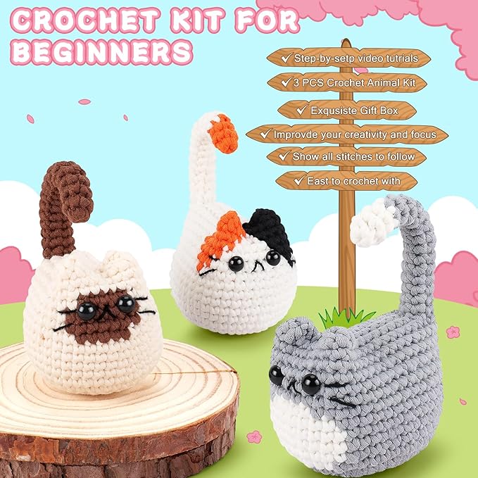 Cat Crochet Kit for Beginners-3PCS Cats Crochet Kits for Adults, Crochet Starter Kit with Step-by-Step Video Tutorials,Crochet Animal Kits Knitting Kit DIY Craft Learn to Crochet Kits for Adults