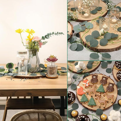 Tioncy 12 Pcs Round Wood Slices Natural Wood Slabs 8-9", 12 Pcs Artificial Eucalyptus Garland 6.6 ft for Christmas Ornaments Centerpiece Rustic Wedding Baby Shower Nature Themed Party Home Decor