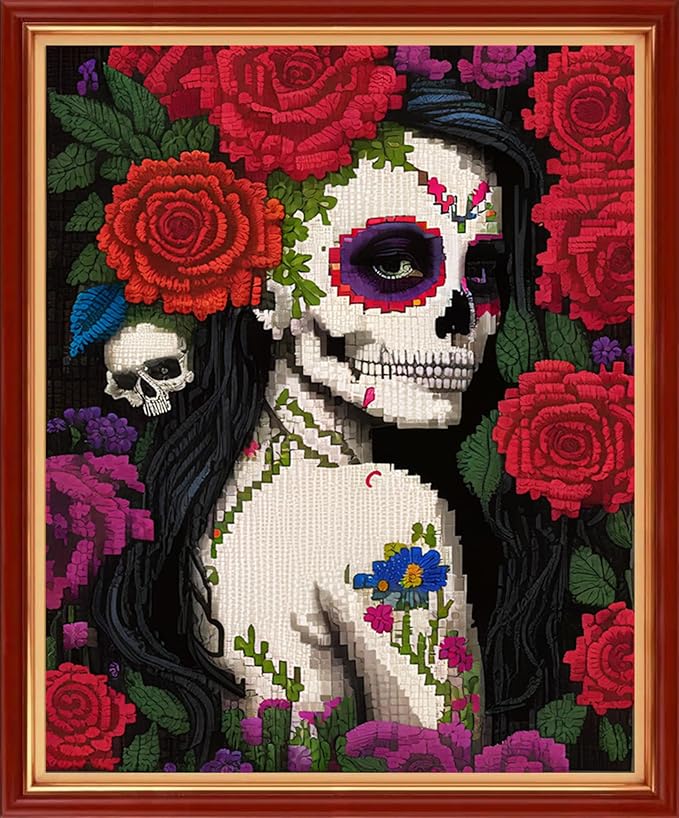 Dimensean Stamped Cross Stitch Kits Full Range of Embroidery Patterns Starter Kits for Beginners Adult DIY Cross Stitches Needlepoint Kit 11CT-Flower Skeleton Girl 16x20 inch