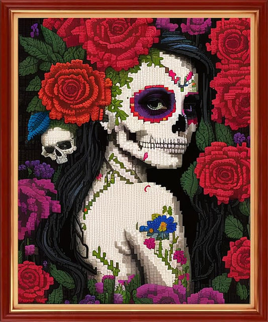 Dimensean Stamped Cross Stitch Kits Full Range of Embroidery Patterns Starter Kits for Beginners Adult DIY Cross Stitches Needlepoint Kit 11CT-Flower Skeleton Girl 16x20 inch