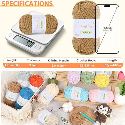 Coopay Chenille Yarn for Crocheting/Knitting, 8 Pack Medium Worsted Weight Yarn of 50g/1.76oz - Total 520yd, Soft Velvet Crochet Yarns for Plush Toys, Baby Blankets, Scarves (Brown)
