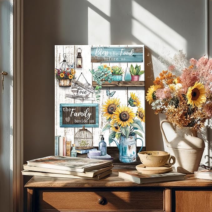 WENGTIAO Kitchen Canvas Wall Art Rustic Sunflower Pictures Vintage Bless The Food Before Us Sign Prints Paintings Christian Religious Bible Quotes Artwork for Farmhouse Dining Room Living Room 12x16in