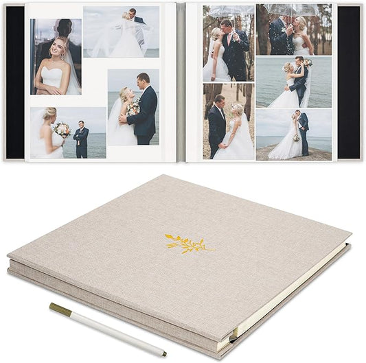 Remowith Self Adhesive Photo Album, Beige Scrapbook Album with DIY 60 Blank Pages, Wedding Photo Album with A Metallic Pen for 4x6 5x7 2x3 Pictures, 10.6"x11"