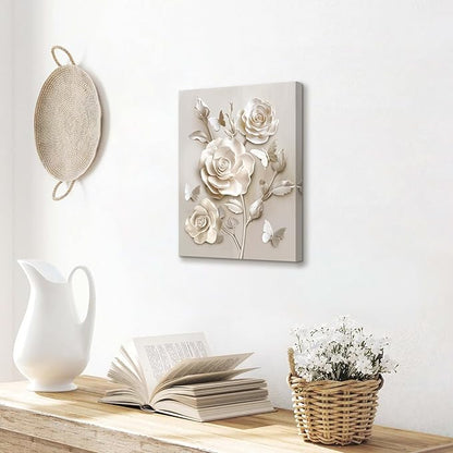 WENGTIAO Beige Flora Canvas Wall Art Neutral Roses Butterflies Wall Print Poster Modern Botanical Minimalist Blossom Painting Picture Elegant Flower Artwork for Living Room Bedroom Bathroom 12x16 inch