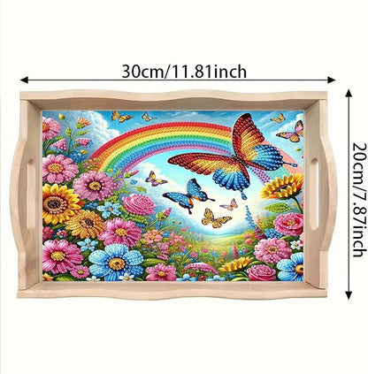 DoxQcs DIY Diamond Art Wooden Tray Kit Easter Food Tray with Handle Diamond Painted Table Decoration Tray for Breakfast Bar Dinner Table Diamond Art Painting for Beginners-#07-Rainbow Butterfly Bush