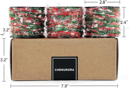 Artisanal Yarn Collection Multifiber Fancy Yarn with Golden Threads for Knitting Crocheting Crafts DIY, Set of 3 Rolls (Christmas Red & Green)