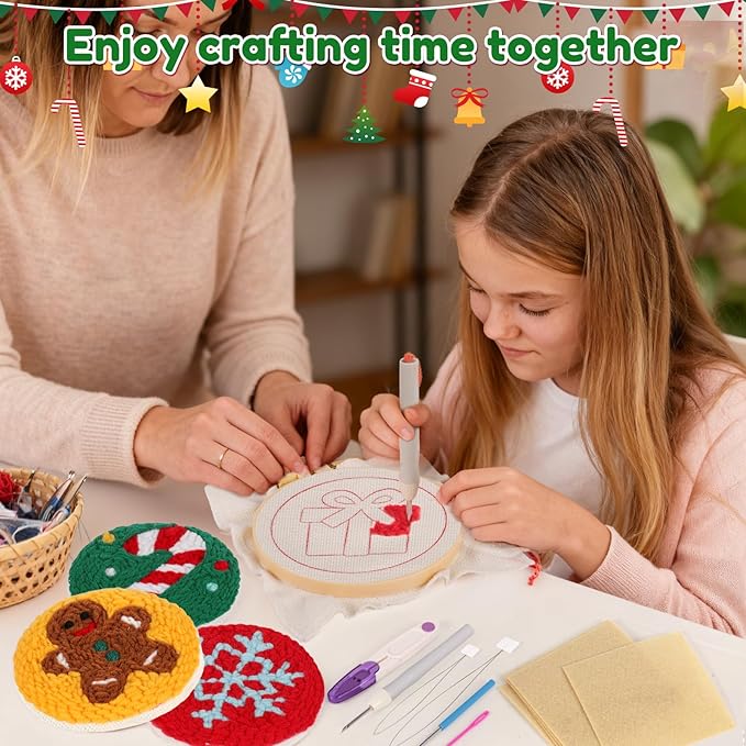 Sukhumvit 6PCS Christmas Punch Needle Coaster Kit, Beginners Punch Needle Set with 6 Tufted Patterns, Yarns, Hoop & Adhesive Pads, Starter DIY Embroidery Coasters Kit for Tufted Crafts Christmas Gifts