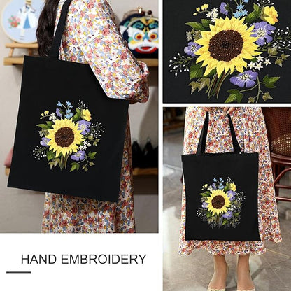 Canvas Tote Bag Embroidery Kit with Sunflower Pattern, Embroidery Kits for Beginners Adults, Arts and DIY Crafts Embroidery Starter kit, Include Stamped Embroidery Bag, Color Threads, Embroidery Tools