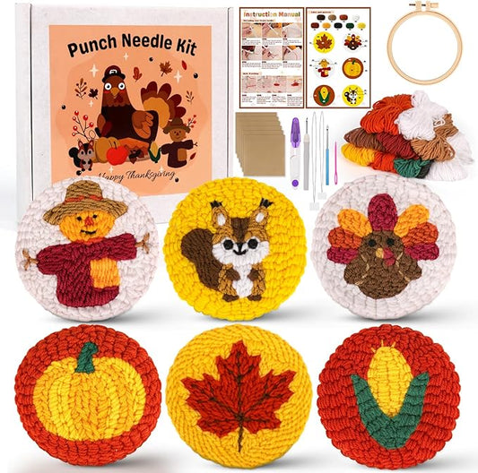 Sukhumvit 6PCS Thanksgiving Punch Needle Coaster Kit, Beginner Fall Punch Needle Set with 6 Tufted Pattern, Yarn, Hoop & Pad, Starter DIY Embroidery Car Coasters Kit for Tufted Craft Thanksgiving Gift