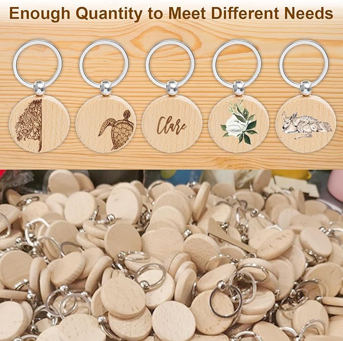100Pcs Blank Wooden Keychain Set, 1.5 inch Round Engraving Blanks Key Chain Unfinished Key Rings Tag for DIY Crafts Gift Accessories, Pet Tags