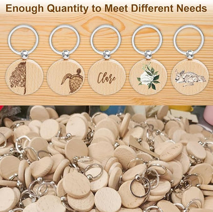 100Pcs Blank Wooden Keychain Set, 1.5 inch Round Engraving Blanks Key Chain Unfinished Key Rings Tag for DIY Crafts Gift Accessories, Pet Tags